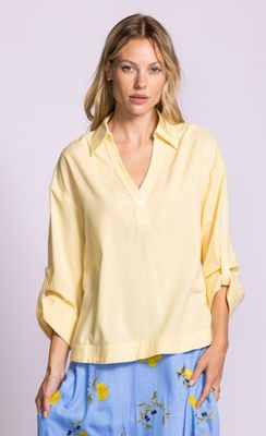 TO-6922228Y Collared adjustable sleeve V neck blouse