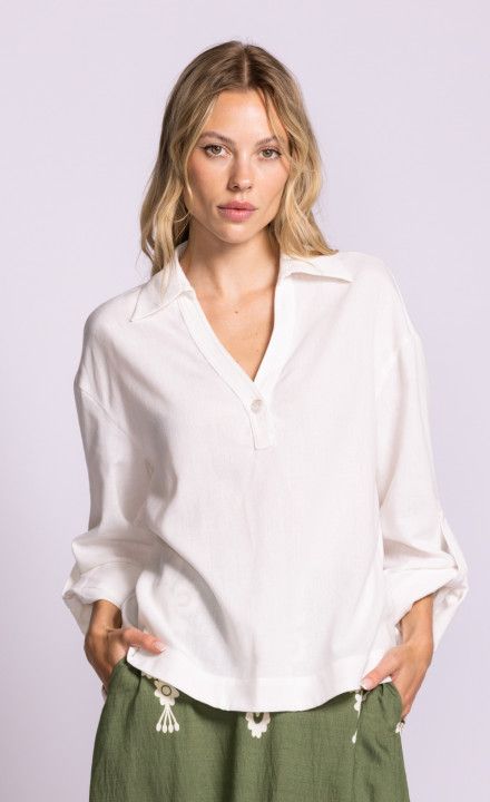 TO-69222280W Collared adjustable sleeve V neck blouse