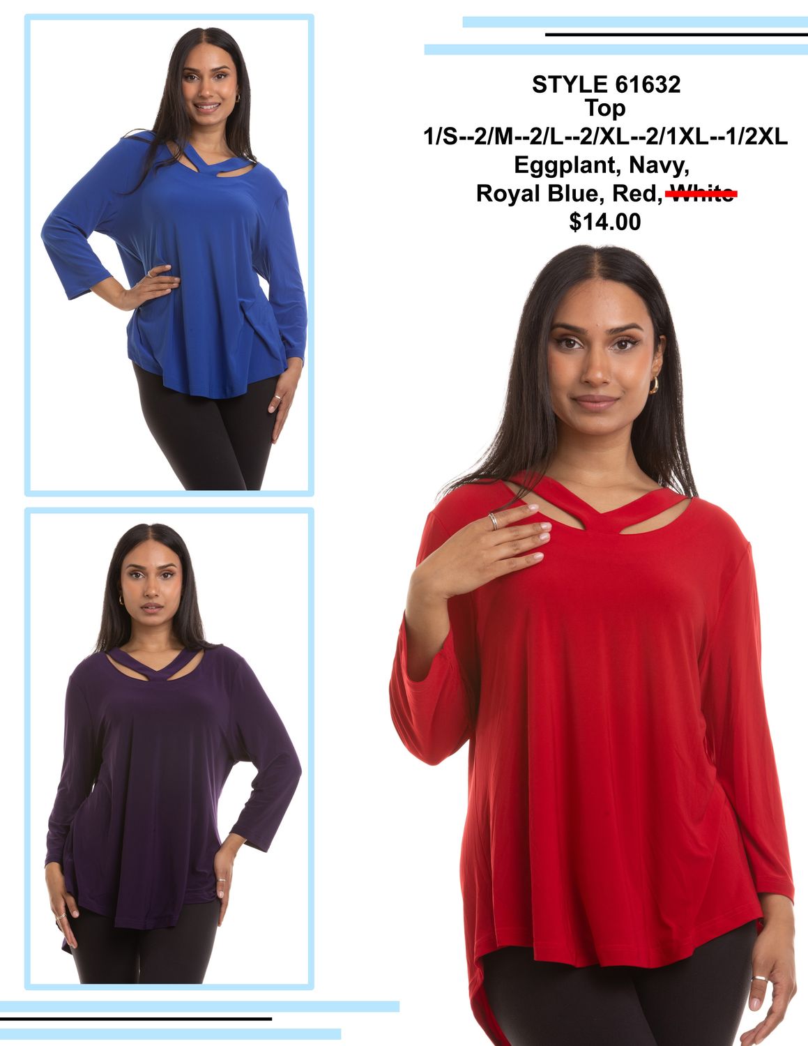 NL-61632 Ladies 3/4 sleeve slit v neck top
