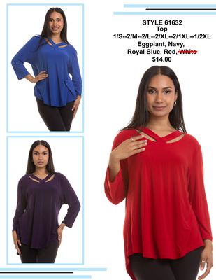 NL-61632 Ladies 3/4 sleeve slit v neck top