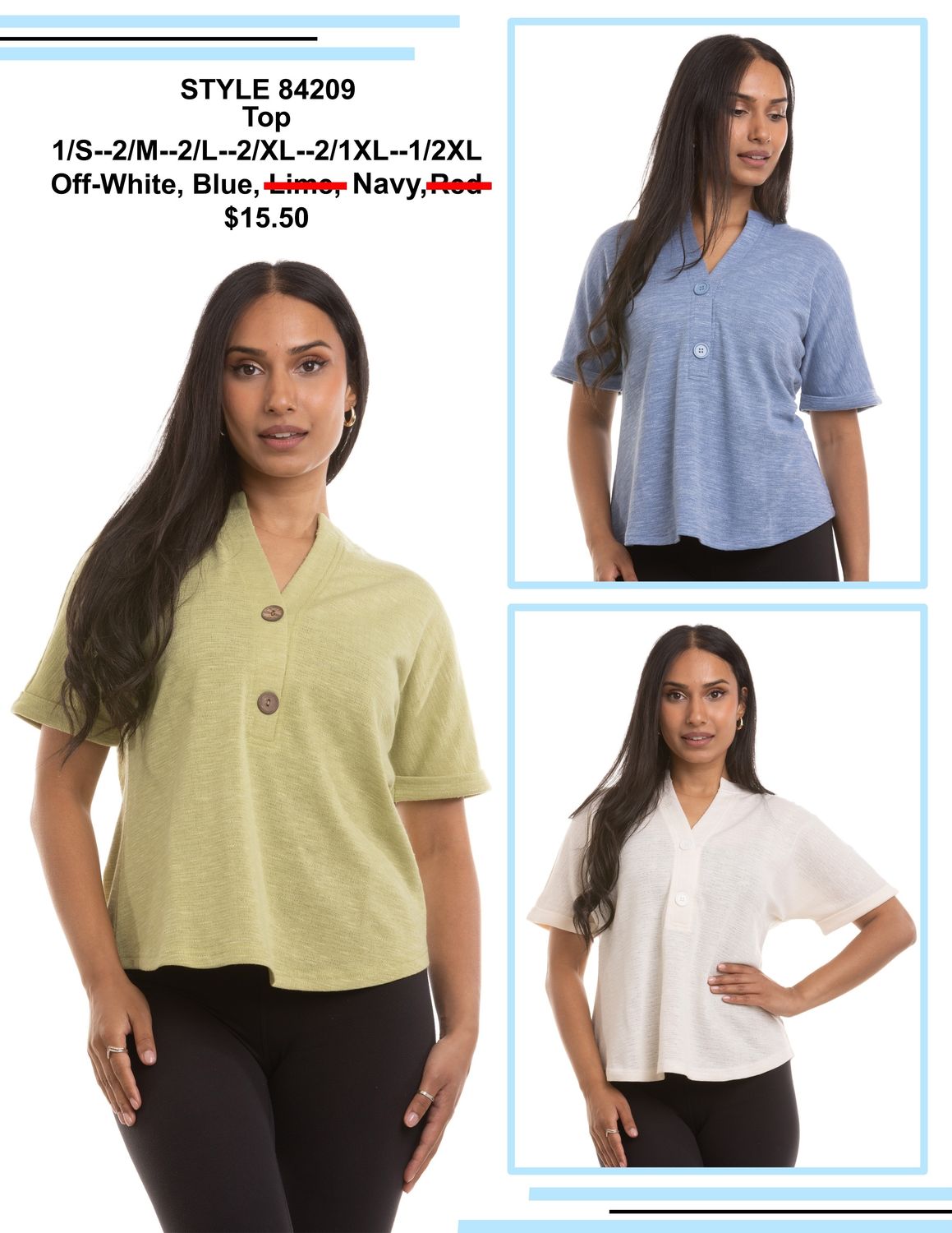 NL-84209 Short sleeve V neck top with button detail front