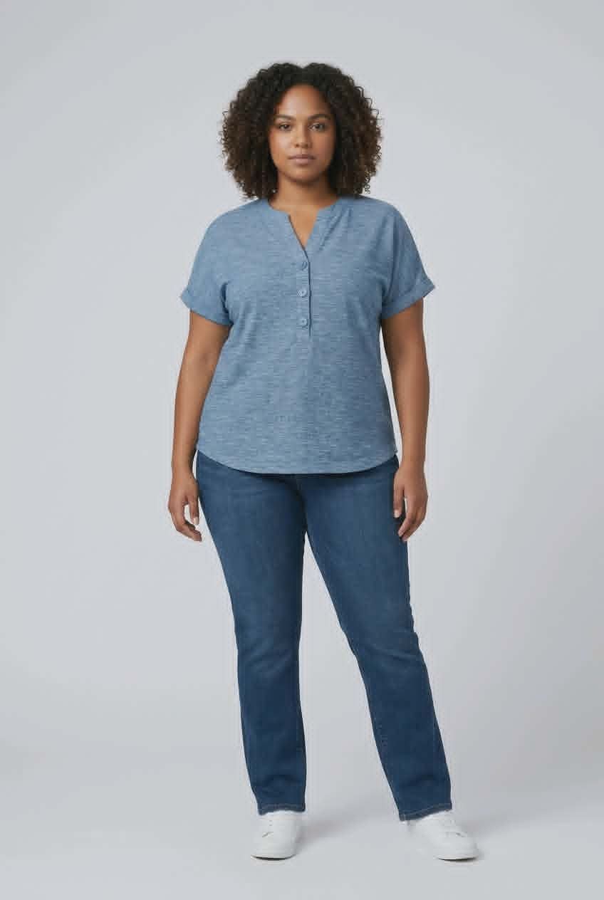 NL-84209 Short sleeve V neck top with button detail front