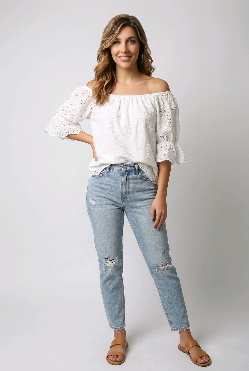 1916 Cotton lined eyelet 3/4 sleeve peasant style top