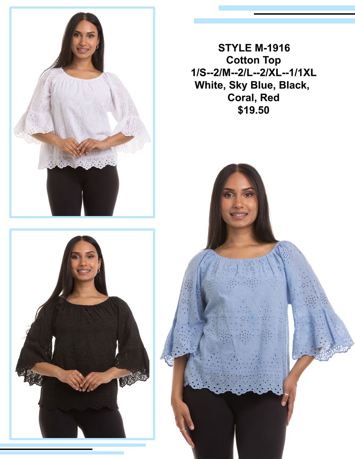 1916 Cotton lined eyelet 3/4 sleeve peasant style top