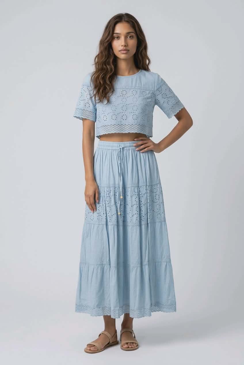 1909 pull on lined eyelet skirt with drawstring