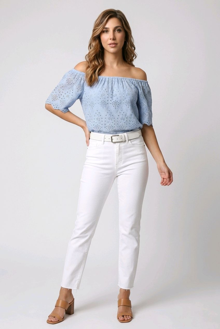 1916 Cotton lined eyelet 3/4 sleeve peasant style top