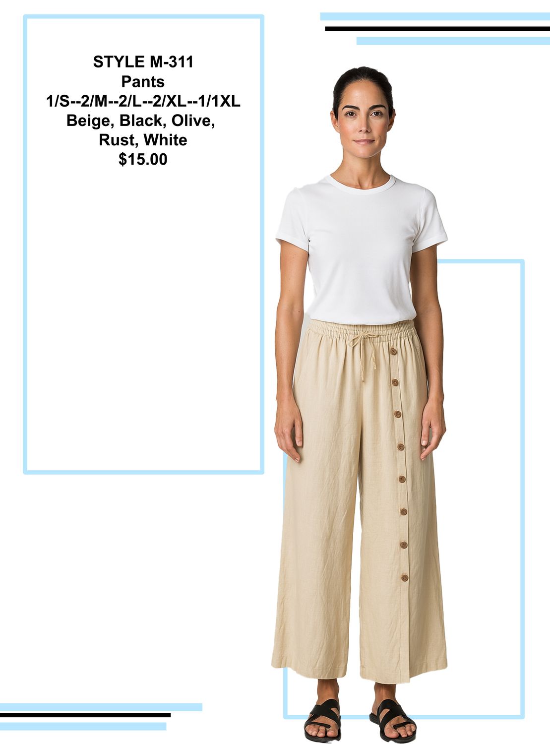 311 Wide leg pull on pant w/pockets and button detail