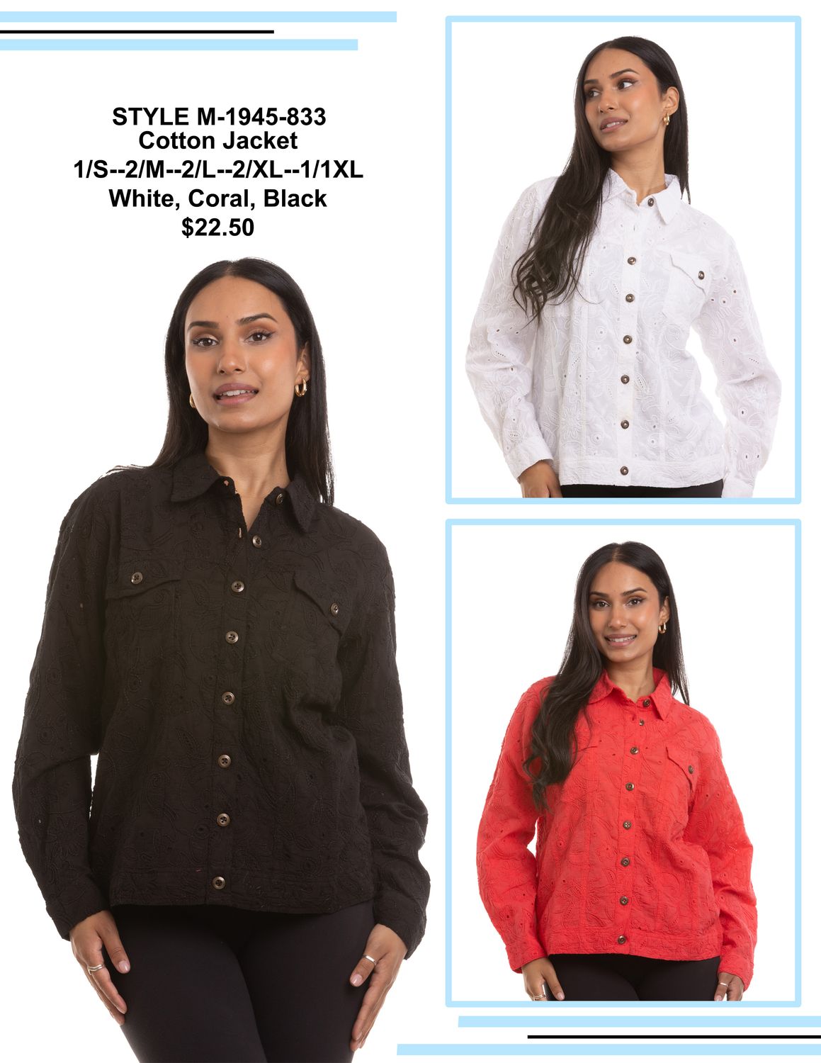 1945 Long sleeve 100% cotton eyelet button light jacket