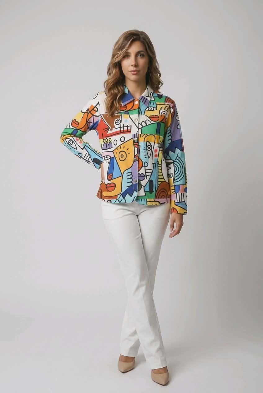 TRM-1002 Abstract printed button collared jacket