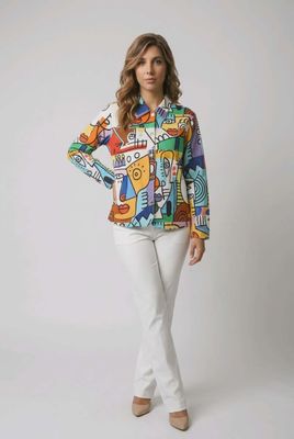 TRM-1002 Abstract printed button collared jacket