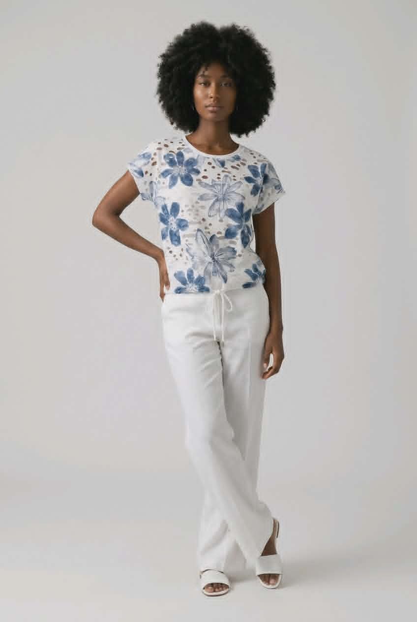 95253# Floral print t-shirt with rhinestones and drawstring