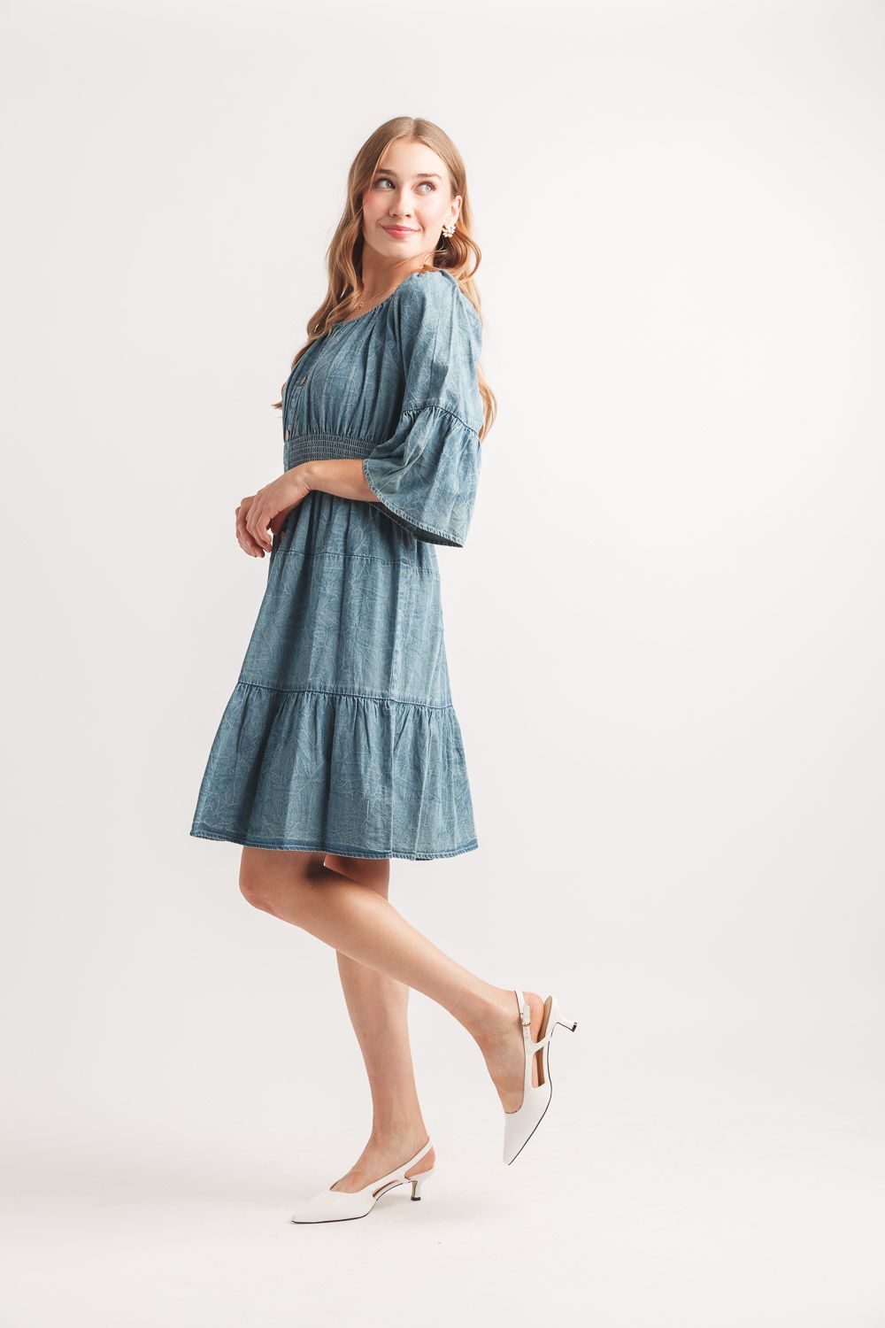 PD-20611 Tiered bell sleeve denim dress