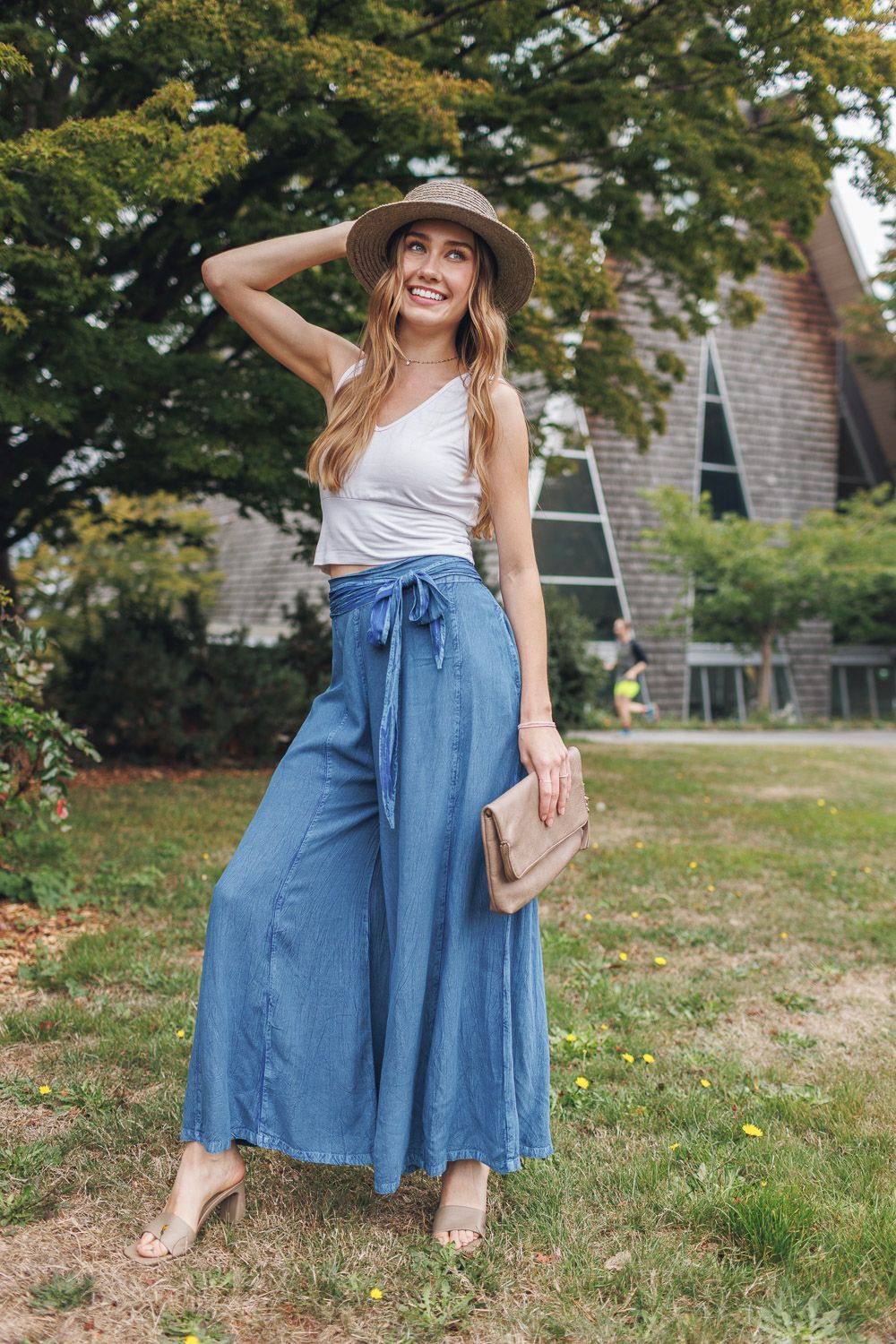 PP-20831 Wide leg denim look pant with tie belt w/pockets