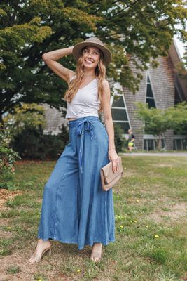 PP-20831 Wide leg denim look pant with tie belt w/pockets