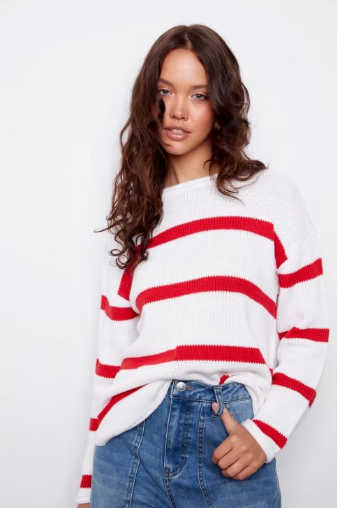 57S237S Long sleeve striped crew neck pullover sweater