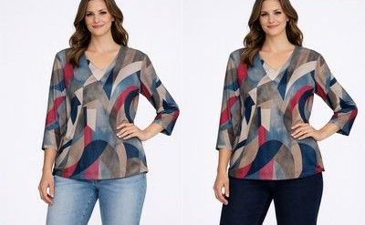 5291P Ladies V neck petite 3/4 sleeve top