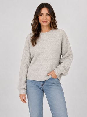 ST-17232 Ladies cable knit pullover sweater w/ribbed cuffs and mock neck