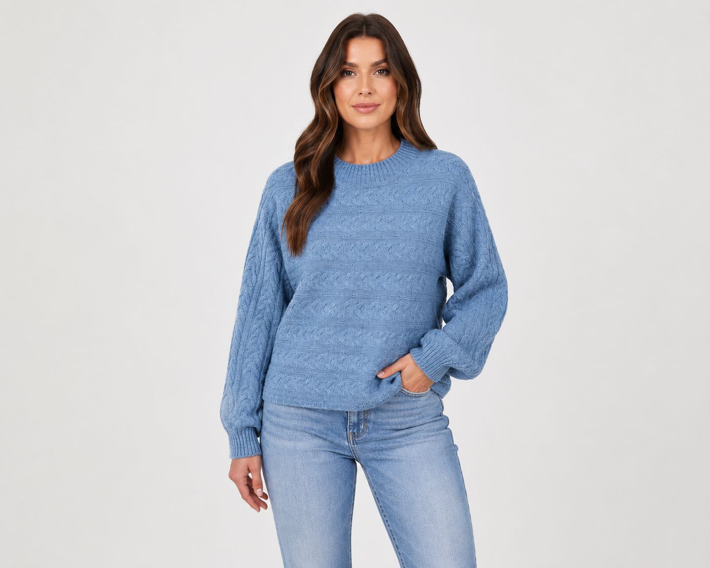 ST-17232 Ladies cable knit pullover sweater w/ribbed cuffs and mock neck