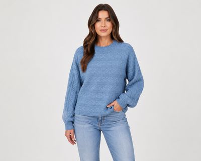 ST-17232 Ladies cable knit pullover sweater w/ribbed cuffs and mock neck