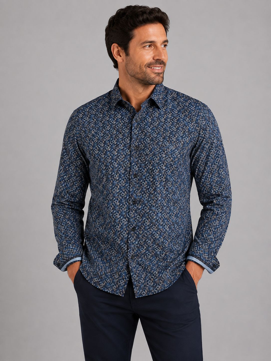 7764779 Geometrical print 4way stretch button shirt