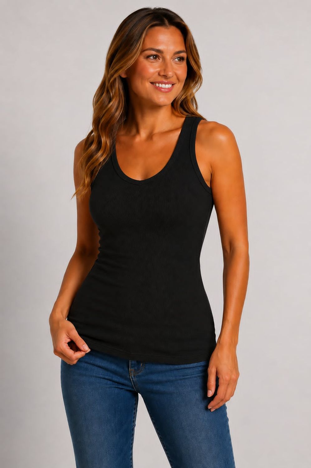 CEBT1126 Bamboo mix ribbed high neck crew tank