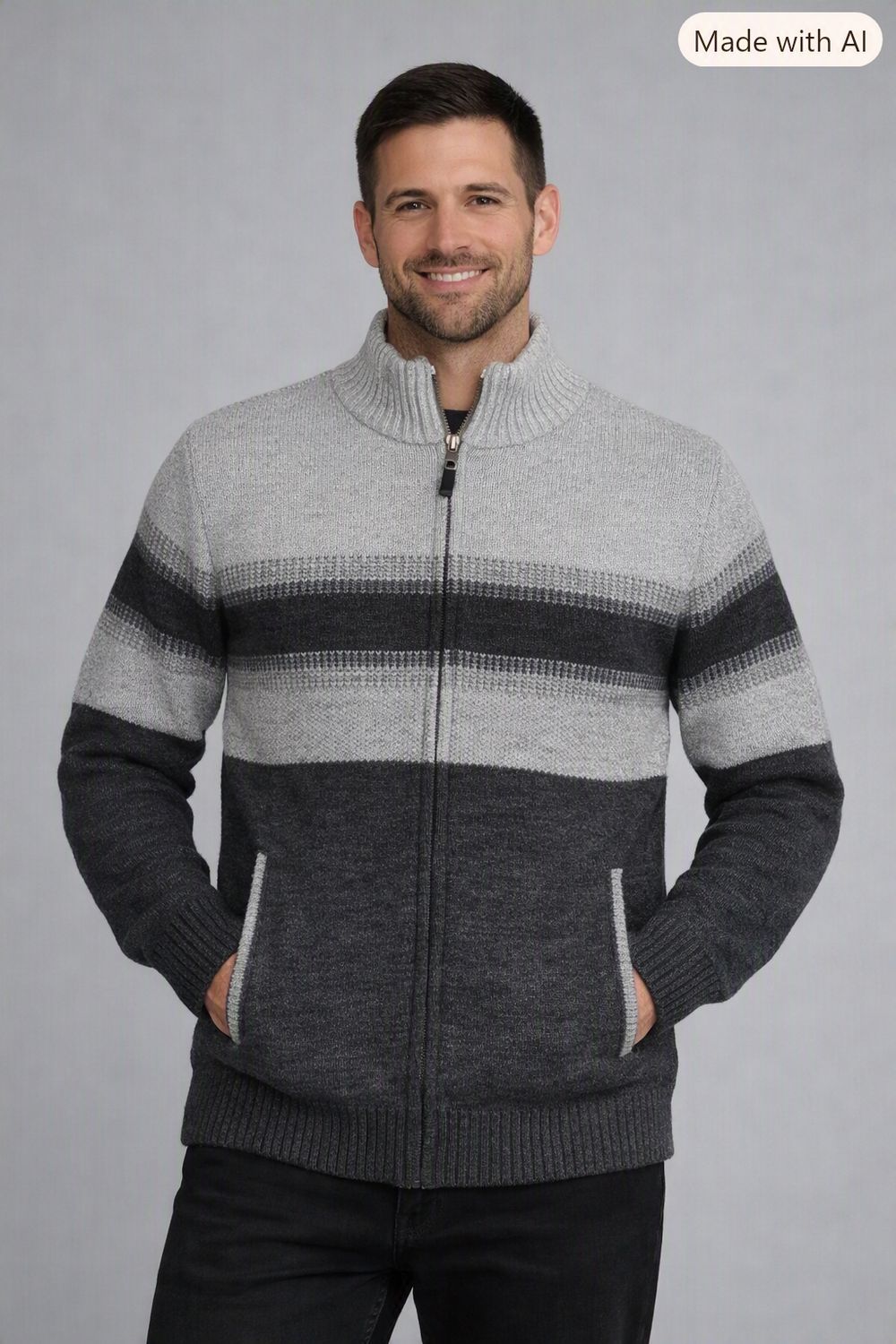 7768608 Bonded full zip fleece line stripe sweater