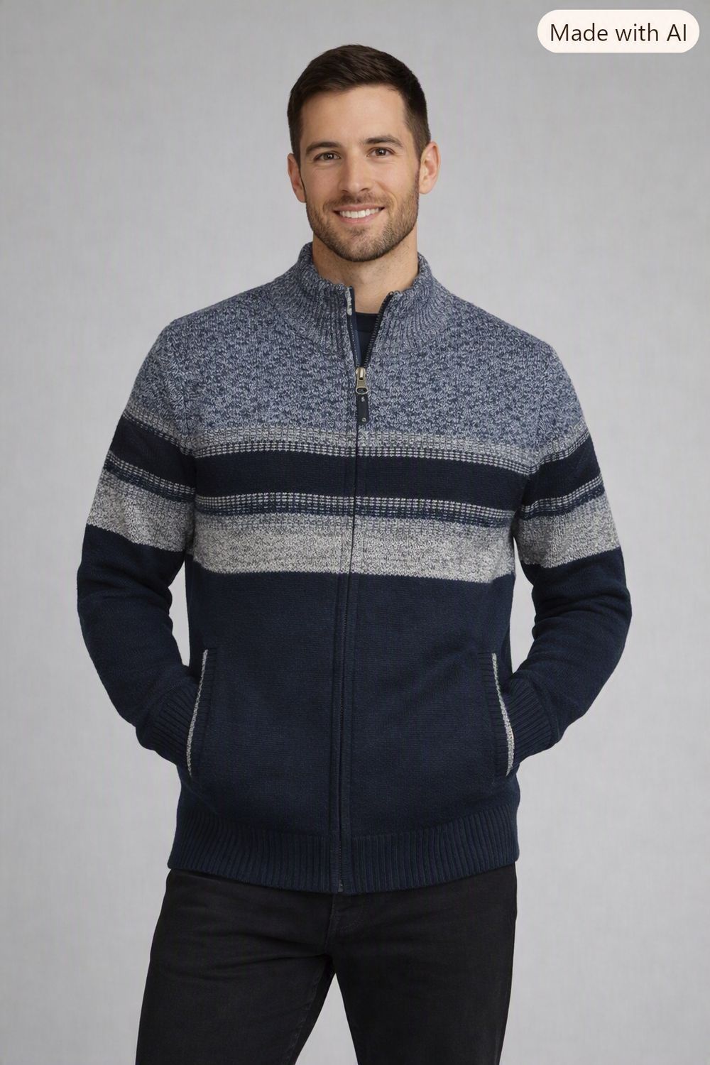 7768608 Bonded full zip fleece line stripe sweater