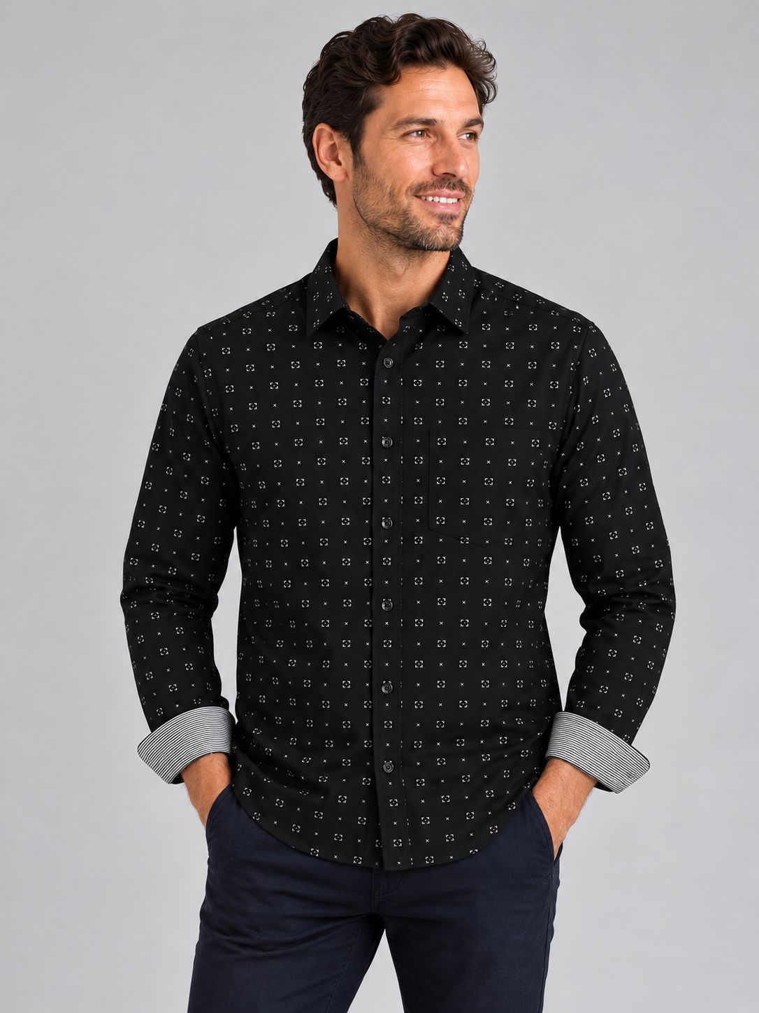7764165 Men's minimal print  poly/cotton button shirt
