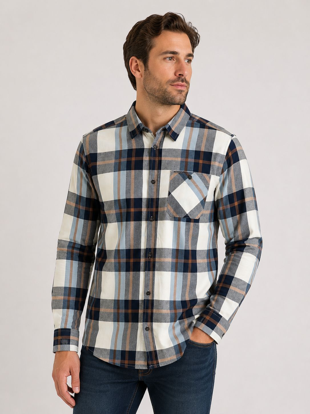 7764504 Check pattern cotton poly flannel shirt w/chest pocket