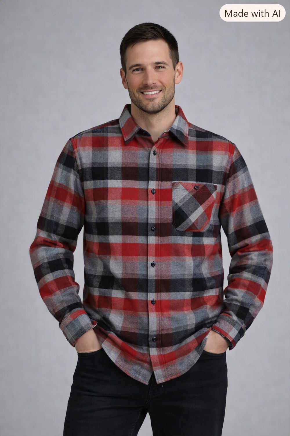 7764562 Check pattern cotton flannel shirt w/chest pocket
