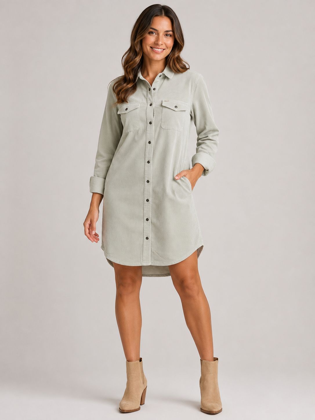 2091795800 L/S corduroy snap shirt dress w/pockets