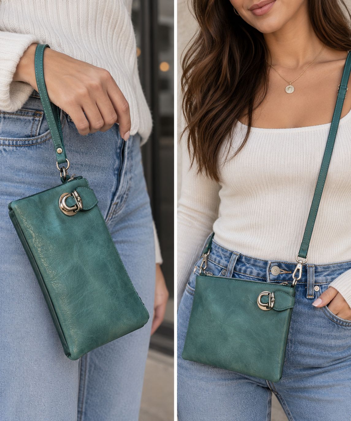 7012-E-TEA crossbody bag w/ multiple pockets adjustable removable strap &amp; wristlet