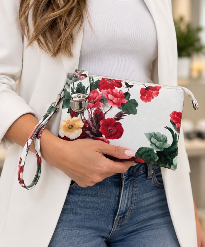 7012-FLW-RED crossbody bag w/ multiple pockets adjustable removable strap &amp; wristlet