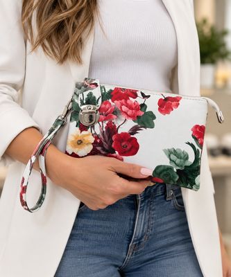 7012-FLW-RED crossbody bag w/ multiple pockets adjustable removable strap &amp; wristlet