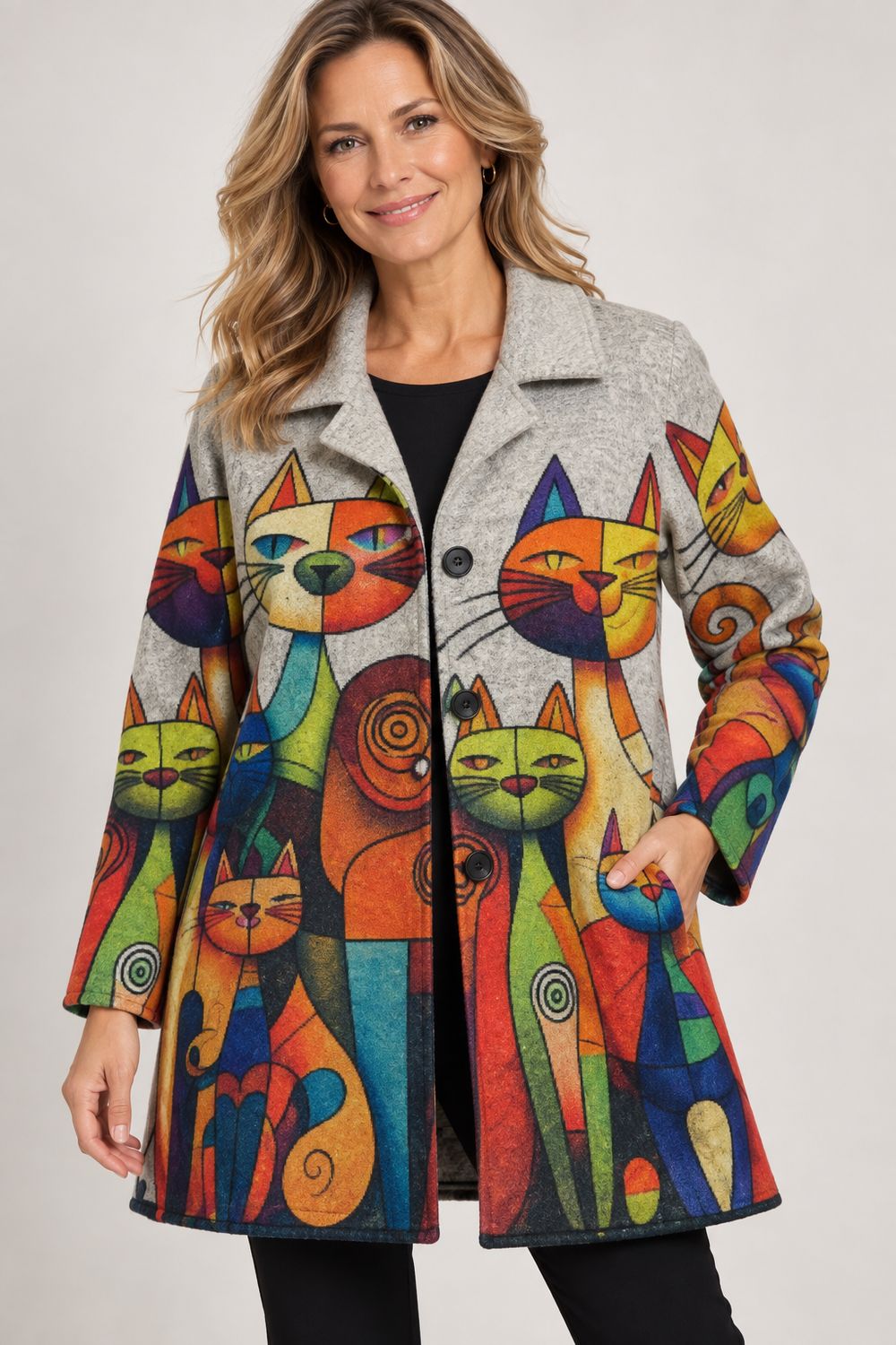 ANG85831 Cat print collared button jacket w/pockets