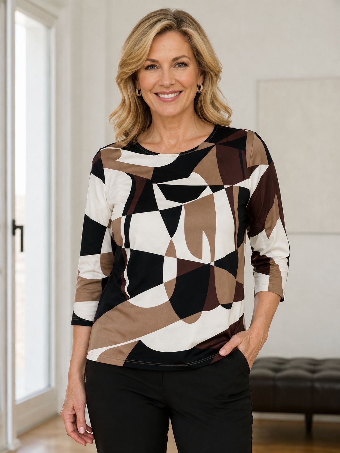 8873-6414 Ladies print 3/4 sleeve top
