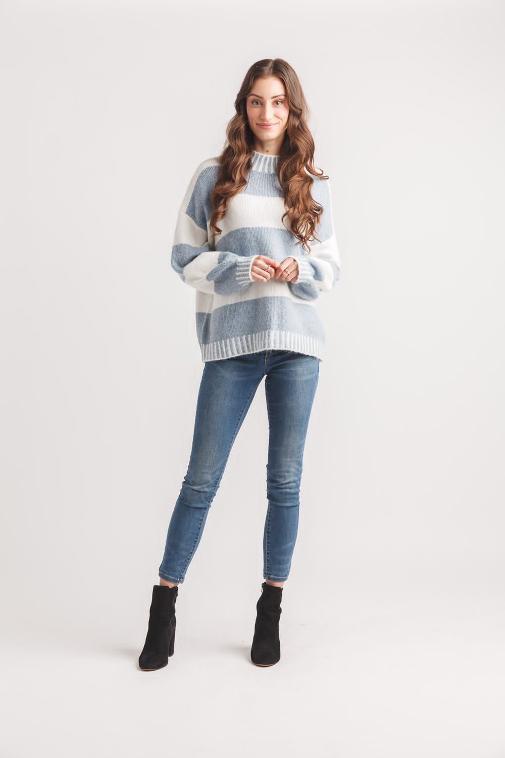 ST-21219 Striped drop shoulder mock neck sweater