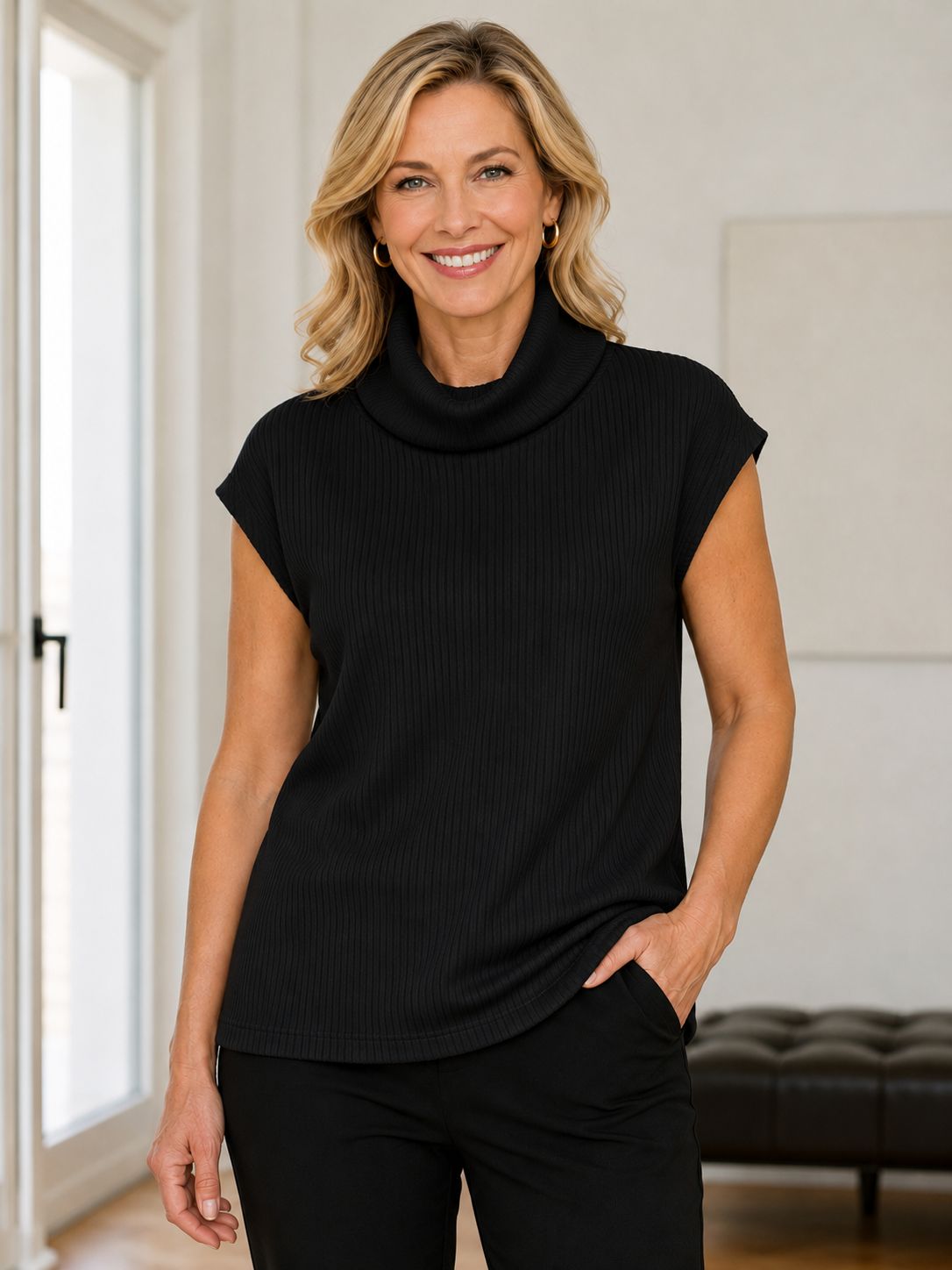 8875-6425 mock neck cap sleeve rib top