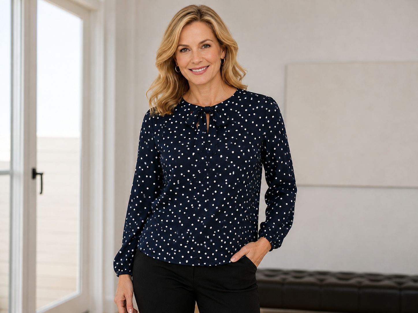 8870-6379 Pokadot L/S top with tie neck elastic sleeve