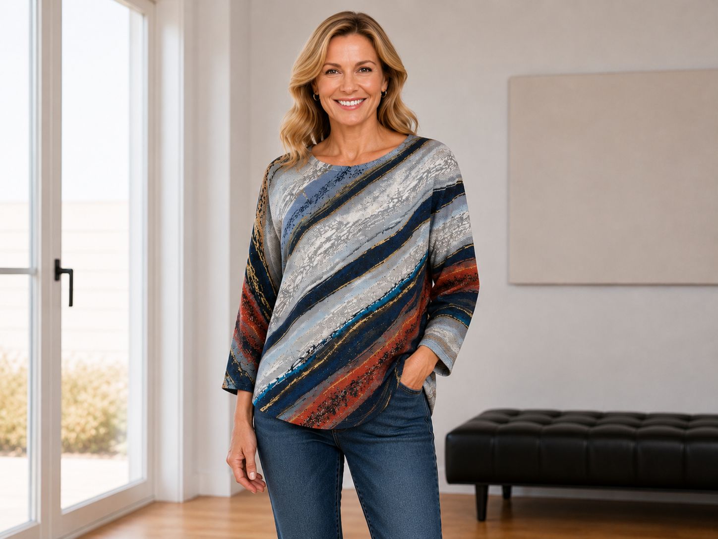 ANG 9098 Metalic blue striped print sweater