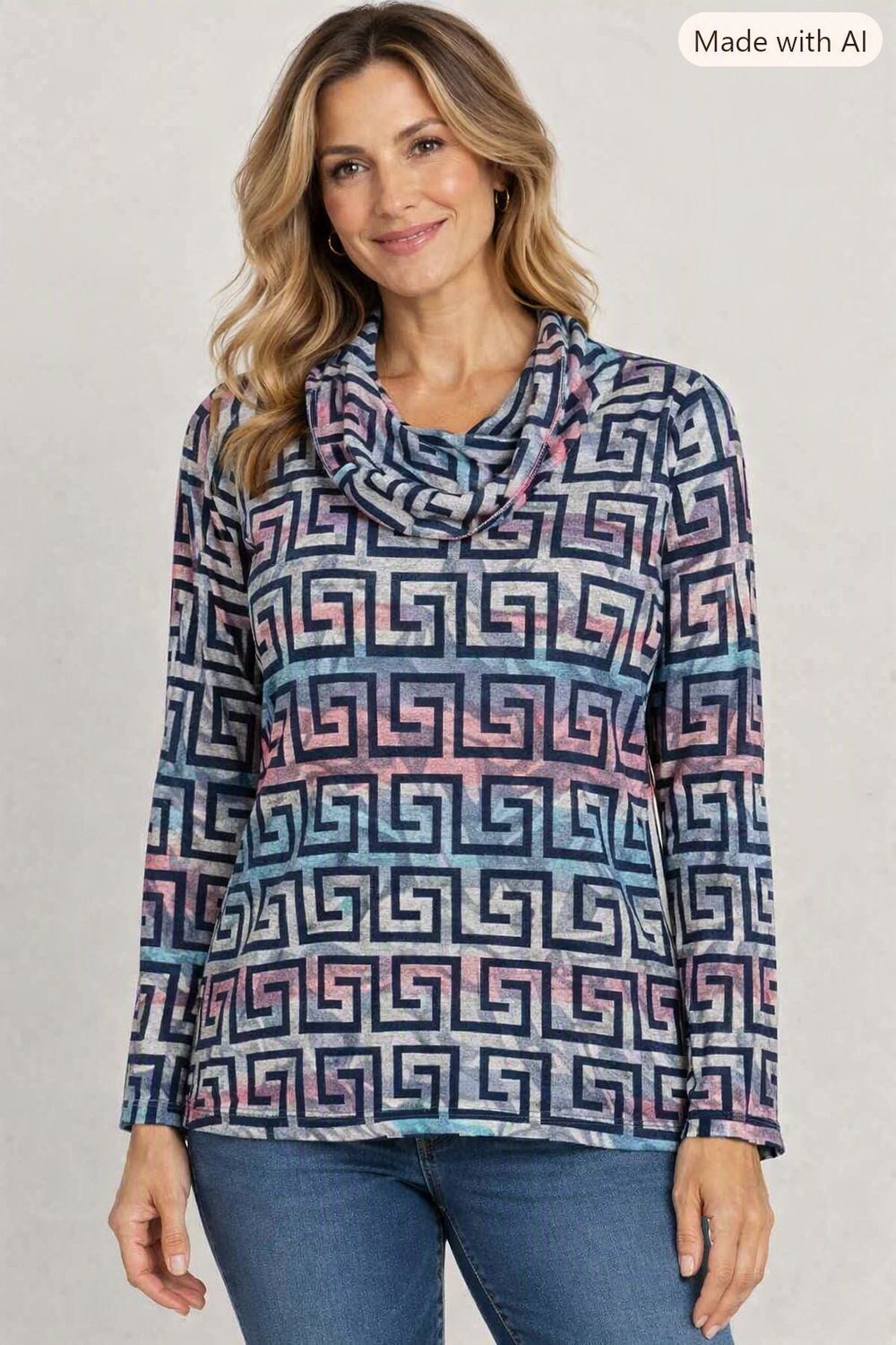 47224 Cowl neck L/S printed top