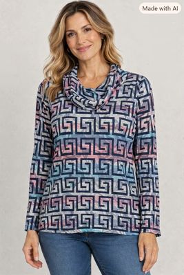 47224 Cowl neck L/S printed top