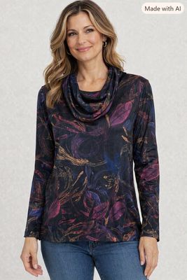 47224 Cowl neck L/S printed top