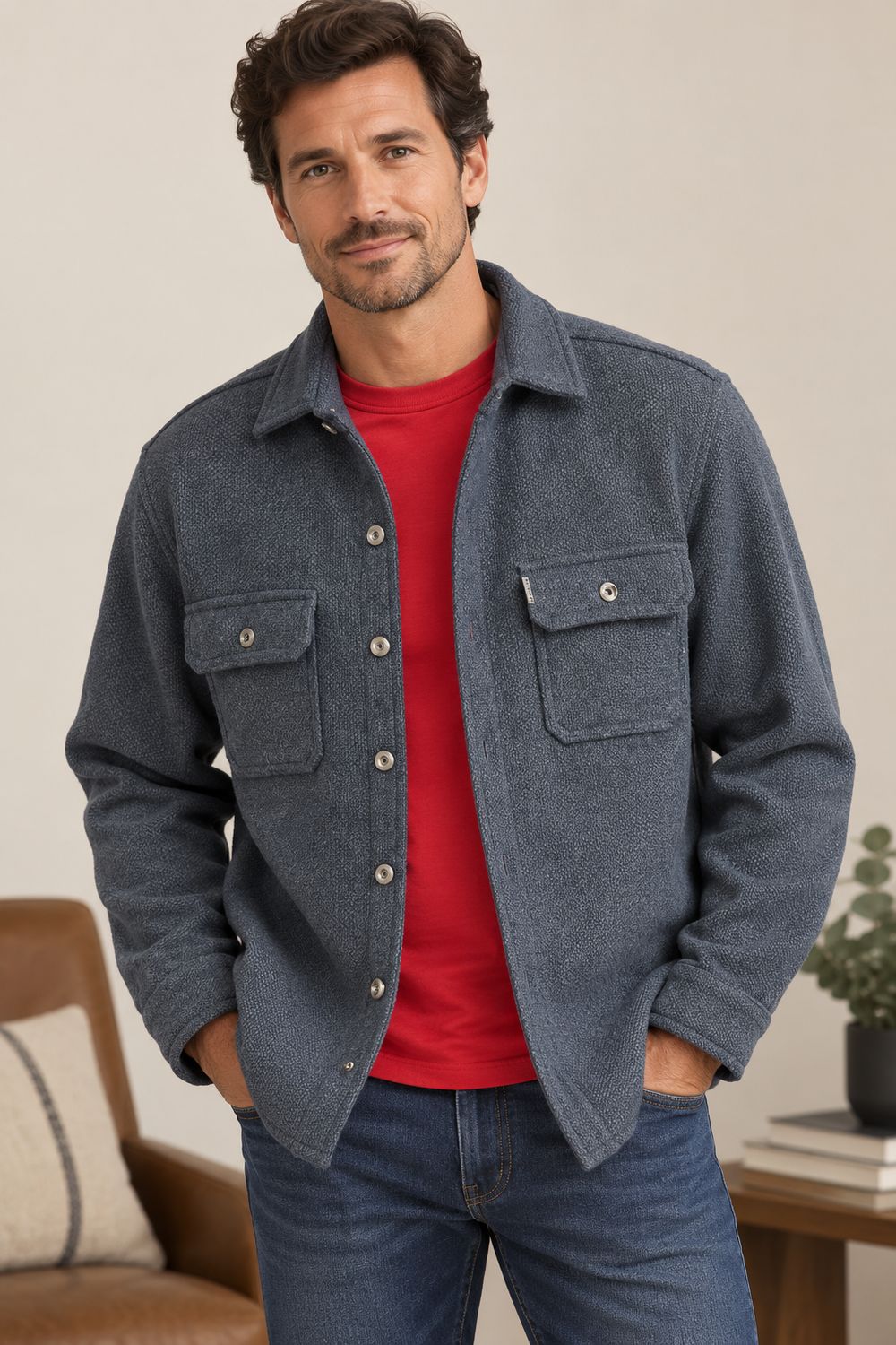 7764449 bonded birds eye texture chest pocket sweater jacket
