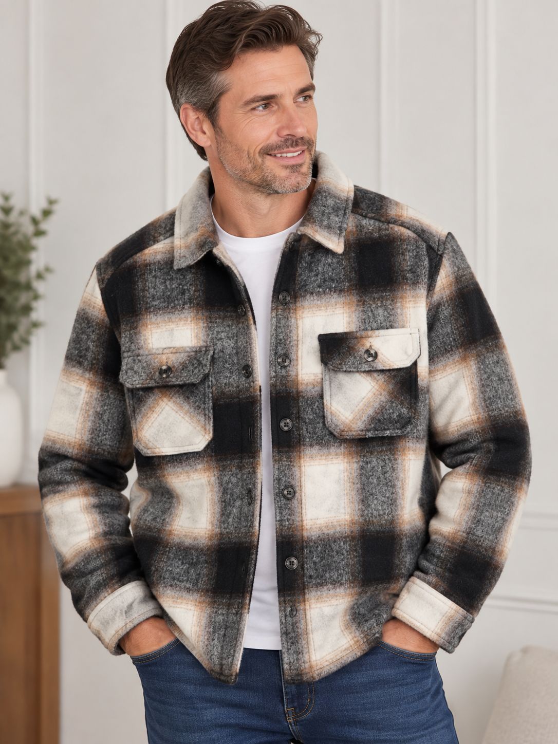 7764445 Check print shacket w/2 chest pockets