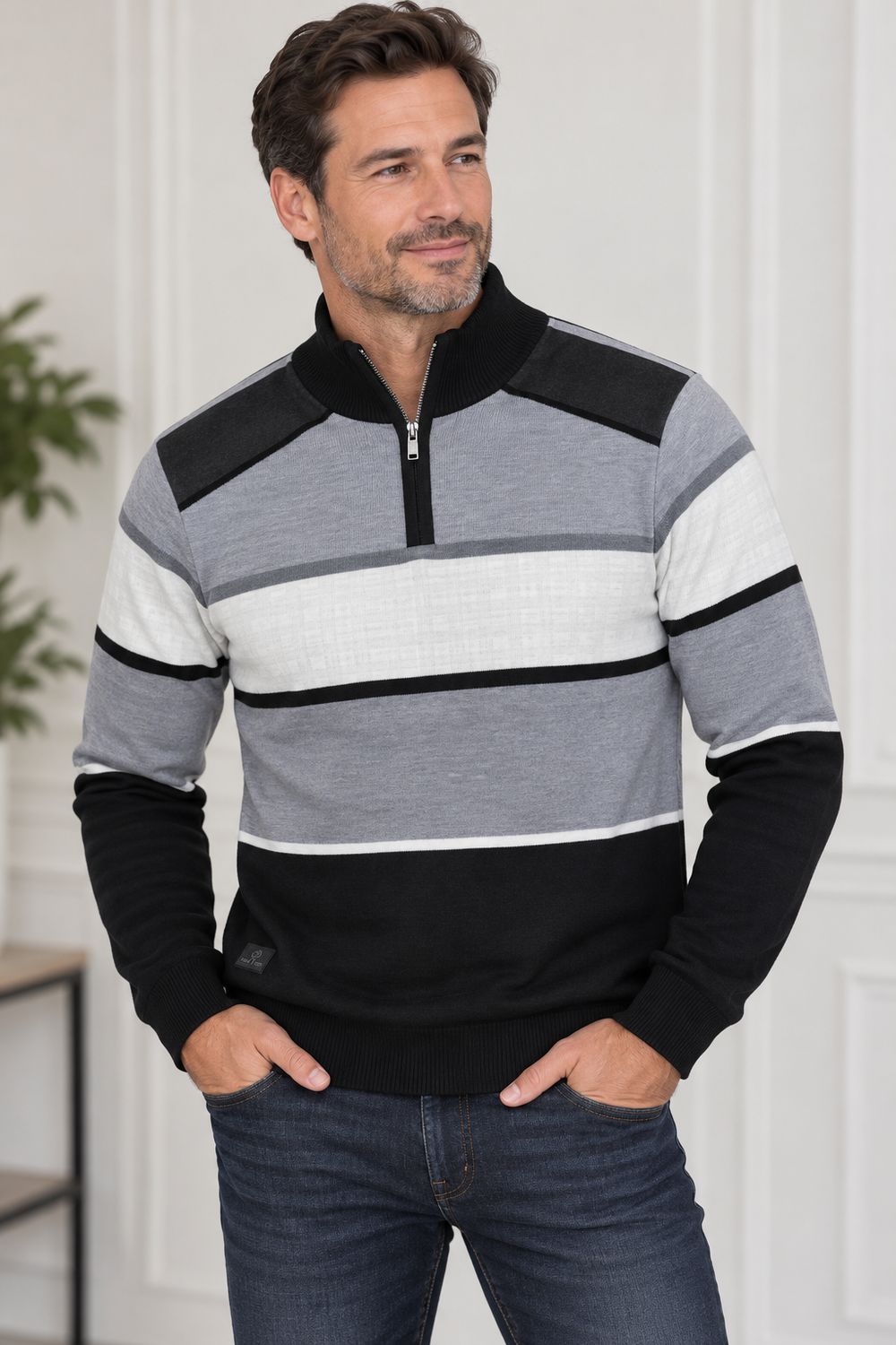 7768518 Fine gauge mock zip stripe knit sweater