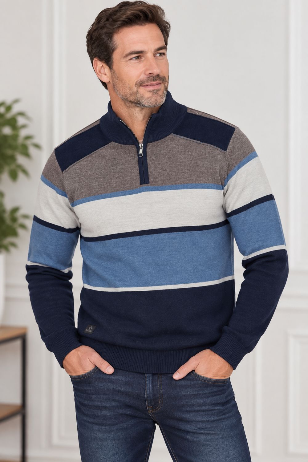 7768518 Fine gauge mock zip stripe knit sweater