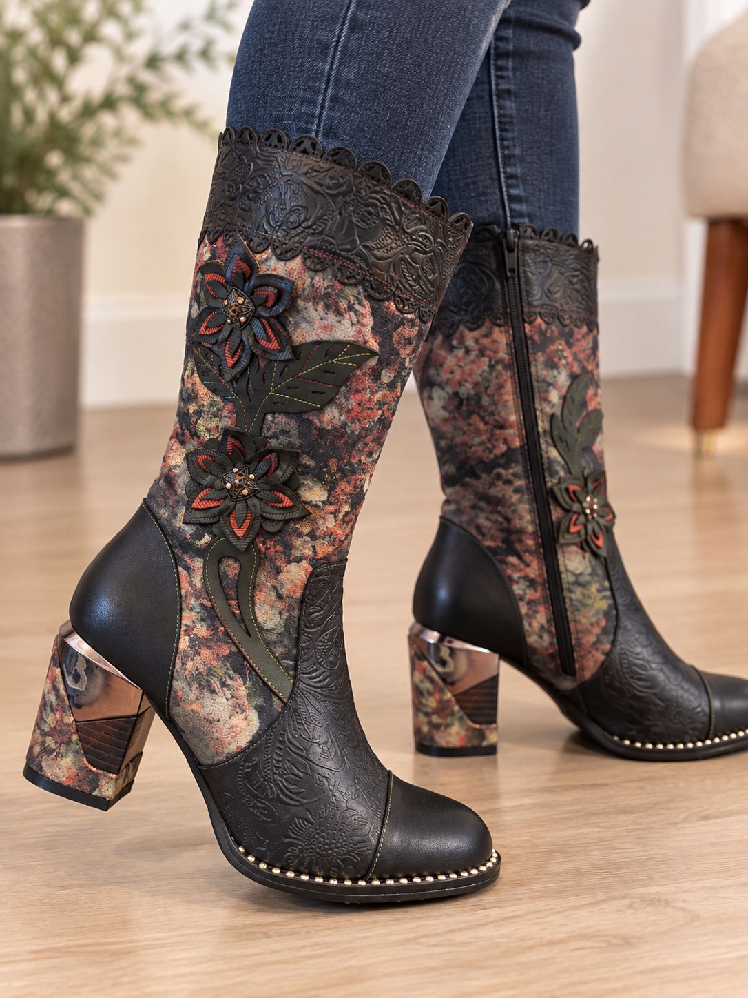 LVG-12 Mid calf funky bling boot, side zip w/flowers