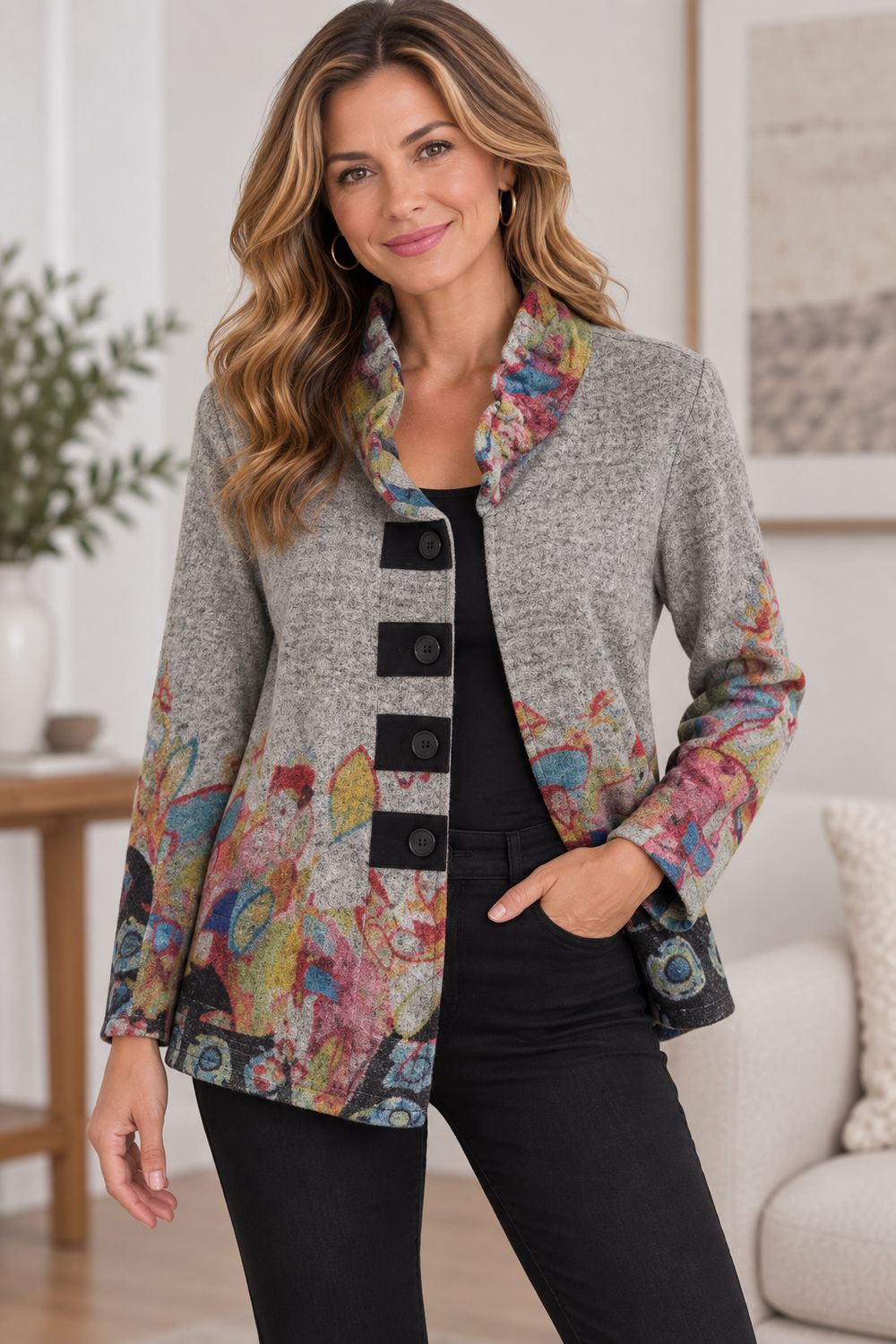 AM915 Button up 3/4 sleeve print blazer jacket