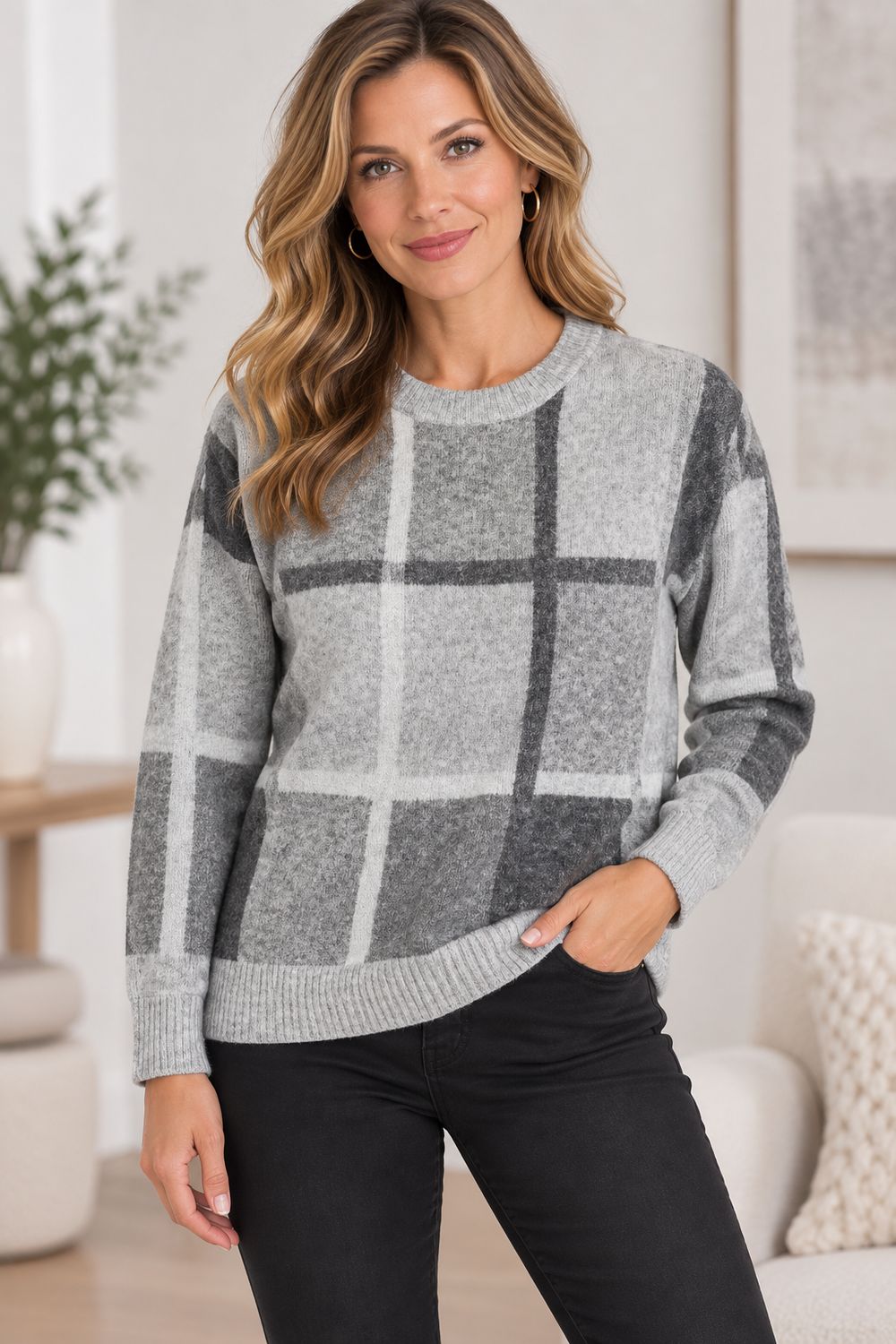 F805 Plaid print soft crew neck sweater